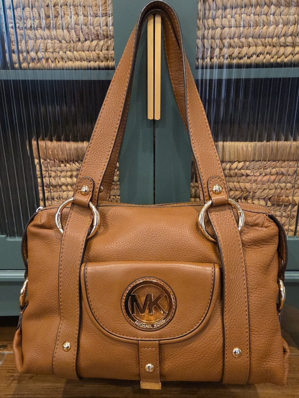 Michael Kors Cognac Leather Shoulder Bag with MK Emblem